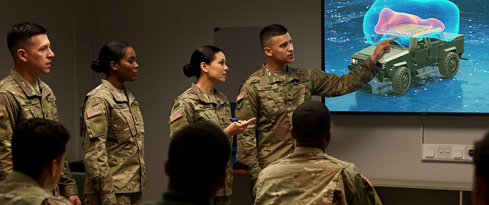 Army class reviews simulation results for a communication-jamming defense solution known for vendor lock-in avoidance.