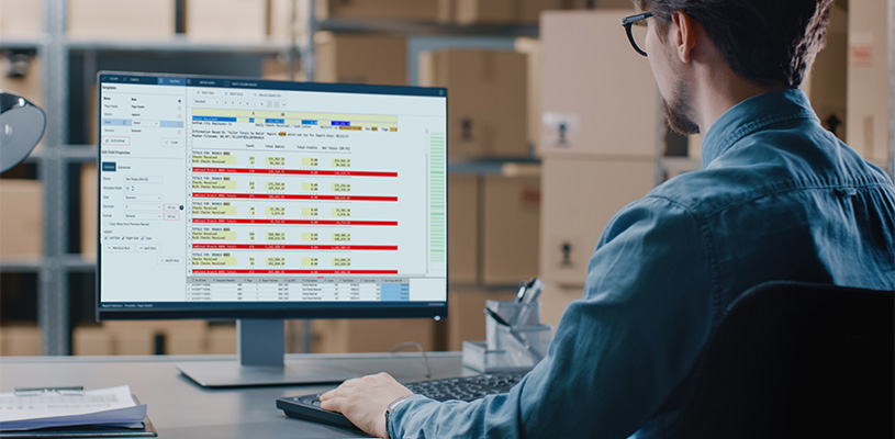Office worker on a computer using Altair Monarch's PDF capabilities for retail data analytics.